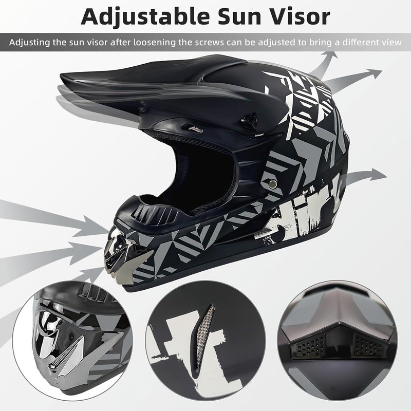 Spark DOT Youth Motocross Helmet Kids Dirt Bike Helmets - Full Face, Lightweight & Breathable for Off-Road E-Bike BMX MX ATV (with Gloves Goggles Mask) 4Pcs Set, Small(55-56), Grey - Image 5